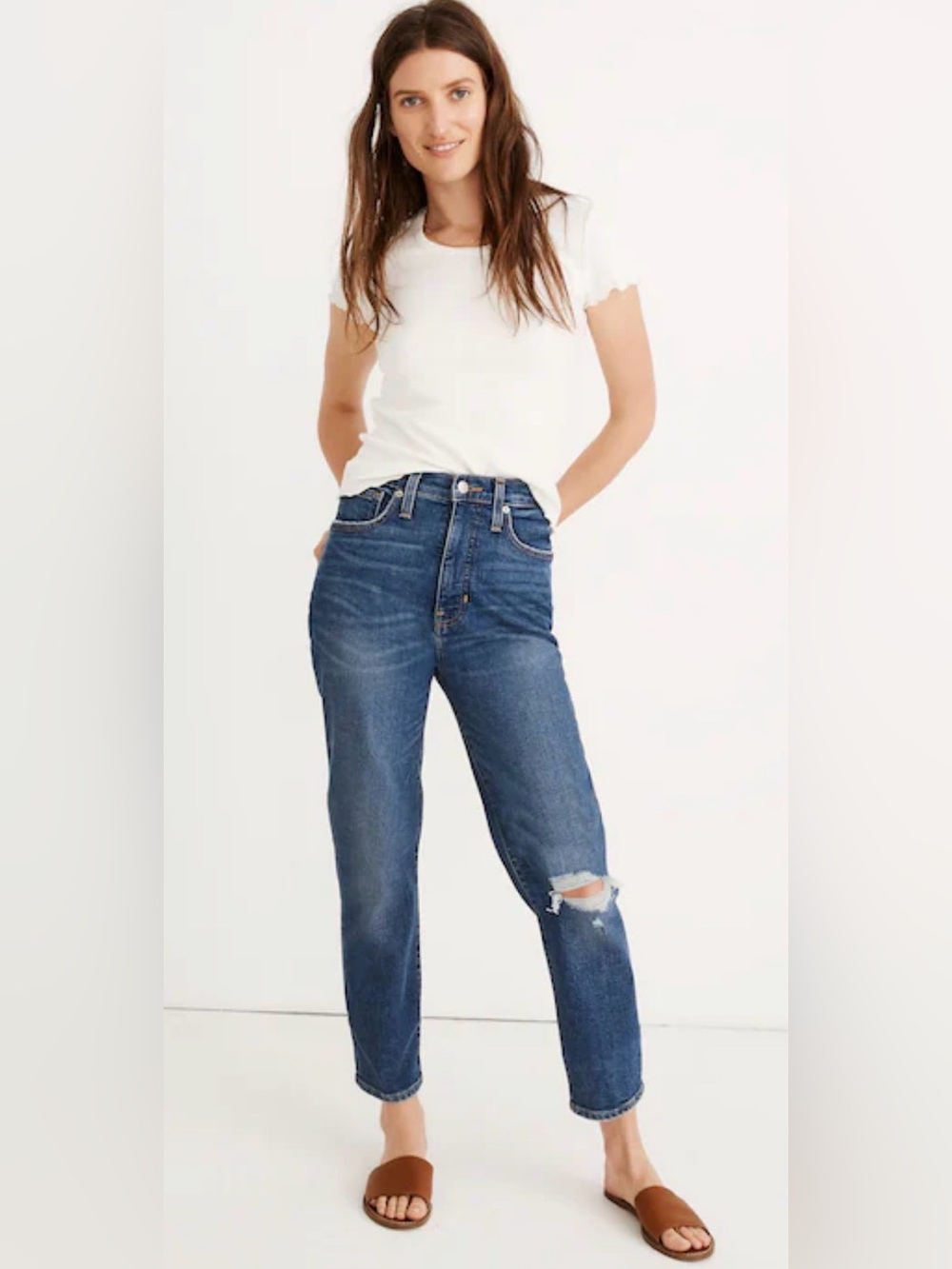 Madewell Mom High-Rise Distressed Straight Jeans - Blue EUC Size 27